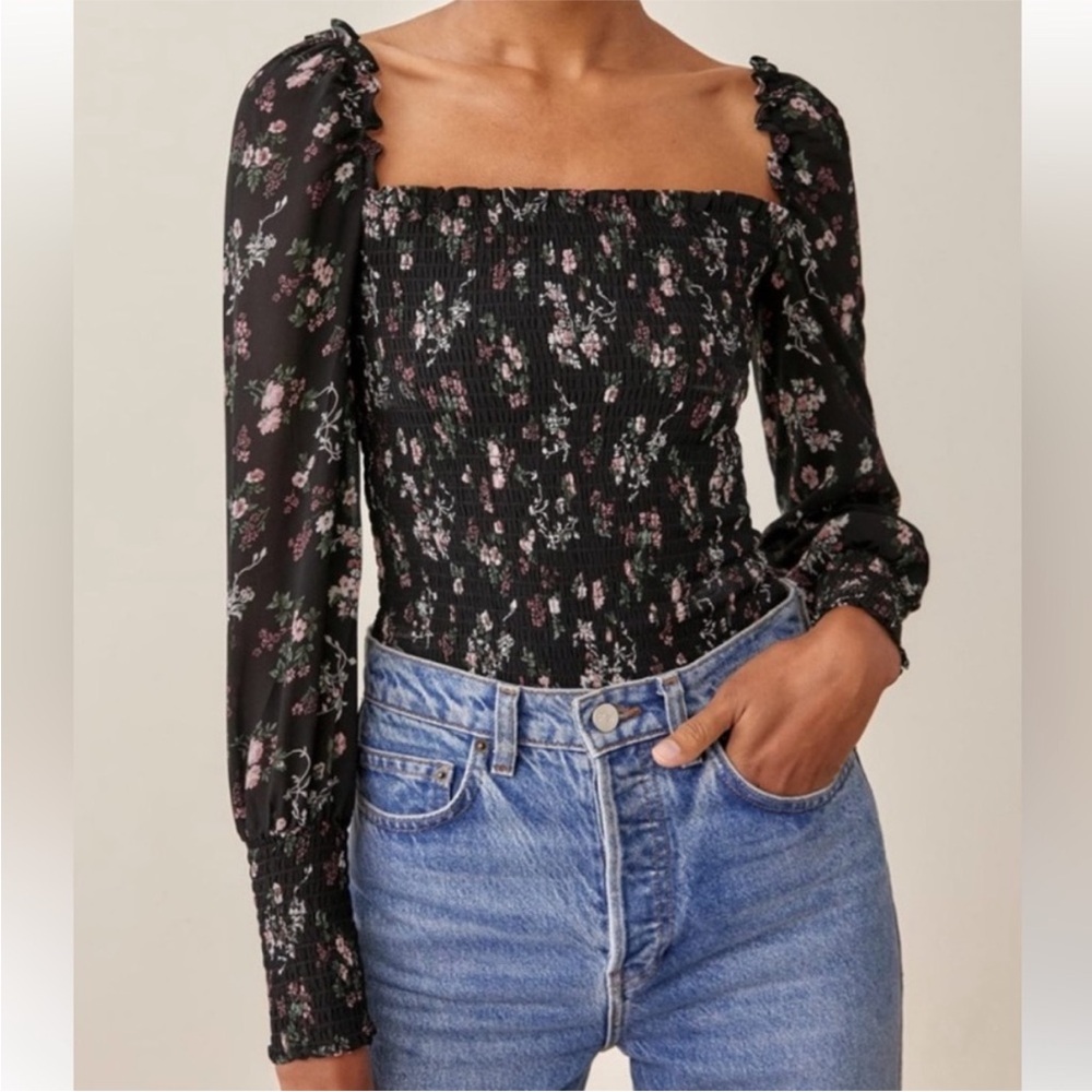 Reformation Pinto Ruched Viscose Top Jolene Black Floral Long Sleeve, M, NWOT
